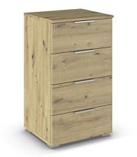 Rauch Möbel Mars Kommode, Nachttisch, Schubladenkommode, Aufbewahrungsschrank, Nachtschrank für Boxspringbett, 4 Schubladen, Farbe Eiche Artisan, Holz, 47x81x42cm