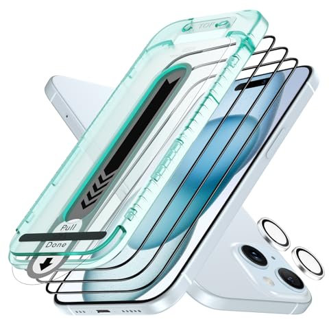 ESR iPhone 15 für Panzerglas, Armorite Displayschutzfolien-Set, extrem robustes gehärtetes Glas, Rahmen für einfache Anbringung, 3 Stück mit 1 Sätze individuellem Kamera Schutz