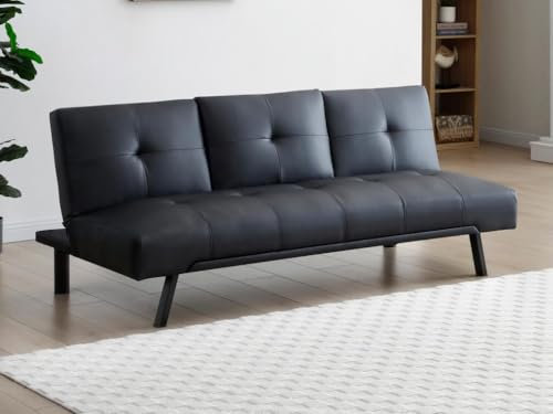 Vente-unique-Schlafsofa Klappsofa - mittleres Rückenpolster klappbar - Kunstleder - Schwarz - PRAGUEII