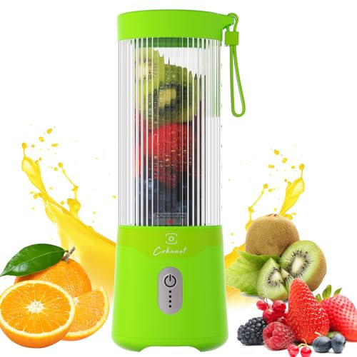 COKUNST Portable Blender, USB Rechargeable Personal Blender for Smoothies, 16 OZ Mini Juicer Mixer with 6 Blades, Small Blenders Cup with 2 Lids, Shake Bottle for Travel, Office, Gym, Kitchen Green