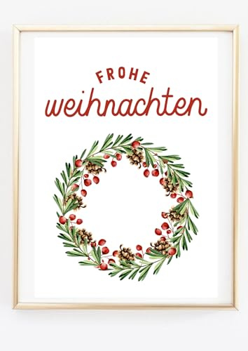 Din A4 Kunstdruck ohne Rahmen - Frohe Weihnachten - Geschmückter Weihnachtskranz Adventskranz Advent - Typographie Druck Poster Bild