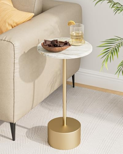 HEYZOEY Beistelltisch, Kleiner rund Cocktailtisch, Weiß Couchtisch mit Marmormuster, Getränketisch für kleine Räume,Wohnzimmer,Schlafzimmer,Weiß & Golden