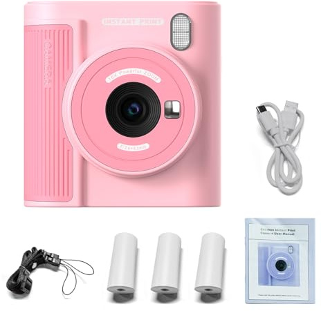 Docooler Kids Print Camera 1080P High-Clear Digital Camera Inkless Thermal Printer with Print Paper & 32G Card Gifts for Girls and Boys (Rosa)