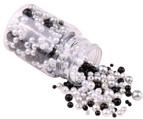 1 botella de 520 cuentas sueltas de perlas sueltas de colores mixtos de 3 a 8 mm, cuentas redondas de imitación para pulseras, collares, manualidades, blanco y negro