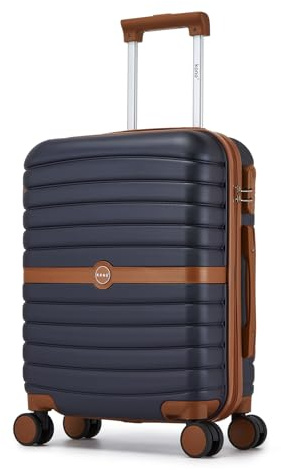KONO Handgepäck Koffer 55x40x20 cm, Hartschalenkoffer aus ABS+PC, Leichter Reisekoffer mit 4 Rollen, Zahlenschloss und Teleskopgriff für Flugreisen (Dunkelblau/Braun)