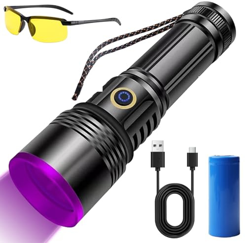 UV Torch 365 nm: Aluminium Alloy Rechargeable UV Torch, Black Light Torch Pet Urine Detector, UV Torch Jewellery Detection, for Fluorescence Detection, with UV Protective Glasses