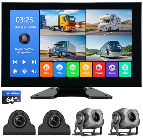 4 Channel 1080p Backup Camera with 10.2 Inch Screen, DVR Recording Backup Camera for RV Truck Trailer Van SUV Cars Quad Parking Monitor