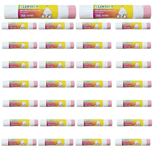 CLENTAX Müllbeutel 30L mit Zugband 30 x 20 St (insg. 600 St) Extra Lang - Reissfest Tropfischer Zugbandbeutel