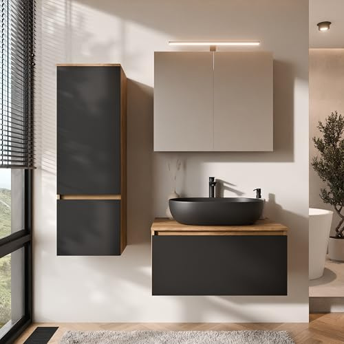 Planetmöbel Arisa Badmöbel Set Waschtisch mit Unterschrank | 80 cm, gold eiche schwarz mit ARIA Spiegelschrank und Hochschrank, Waschbecken 60 cm gold eiche schwarz, Raumsparsiphon