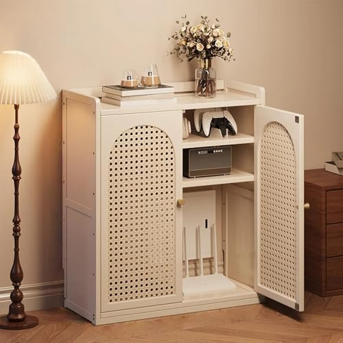 QIUHTR Mobile Porta Router WiFi con Ripiani Regolabili,Armadietto Modem da Terra In Rattan Di Bambù con Gestione Dei Cavi E Design Ventilato,per Casa E Ufficio(Cream White,59 * 27 * 82cm)