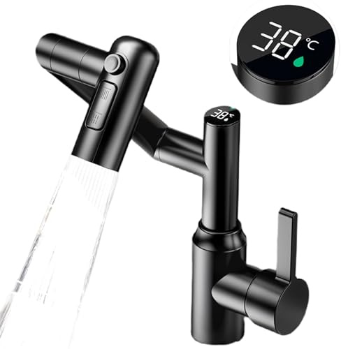 Wasserhahn mit LED Temperaturanzeige, Einhand-Badezimmerarmatur, Drehbarer Multifunktionshahn, Küchenarmaturen Waschbeckenarmatur (Schwarz)