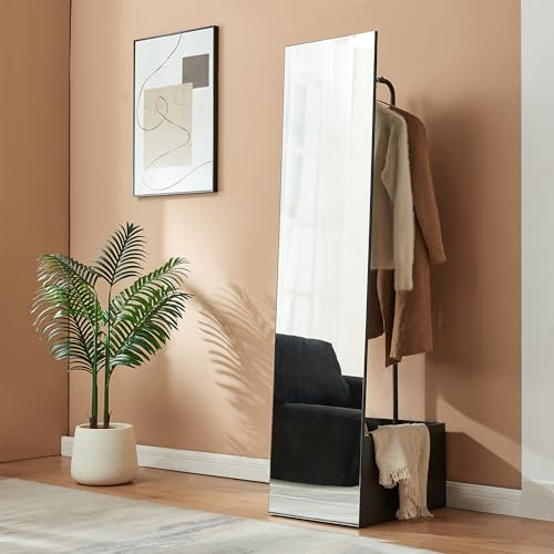 [en.casa] Ganzkörperspiegel Saden Standspiegel 165 x 40 x 51 cm Garderobenspiegel mit Kleiderständer Garderobenständer mit Kleiderstange und Staufach Schwarz