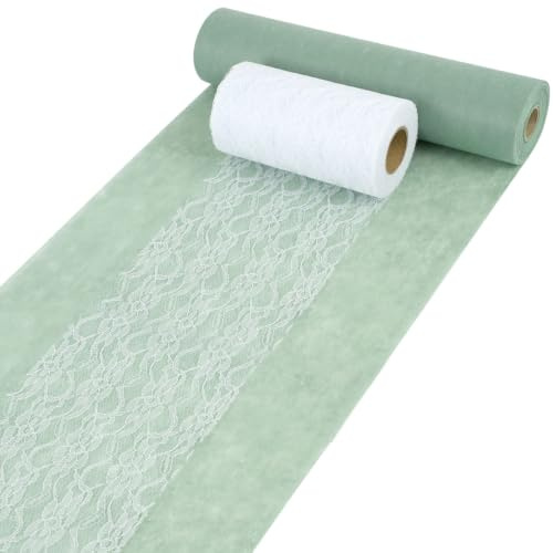 Vlies Tischläufer Eukalyptus Grün 30cm x 25m, Tischläufer Spitze 15cm x 22m | Tischband Salbeigrün und Spitzenbänder Weiß Tischdeko Set für Kommunion Konfirmation Taufe Hochzeit Geburtstag Festen