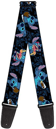 Buckle-Down GS-WDY129 Gitarrengurt – Stitch Snacking Posen Schwarz/Blau – 5,1 cm breit – 73,7–137,2 cm Länge