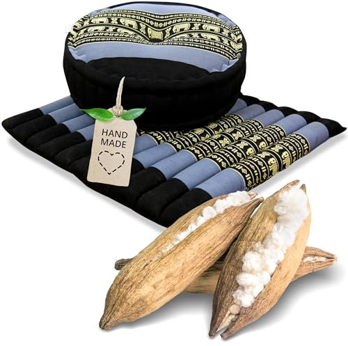 livasia Meditationsset L - Ø 38x15cm / Matte 50x50x4,5cm - Yogaset mit Kissen und Matte, Pouf, Yogamatte und Yogakissen mit Kapok handgefertigt, Bodenkissen Outdoor, Zafukissen (Blau/Elefanten)