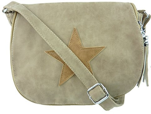 Schultertasche Stern - Damen Umhängetasche mit Stil - Leder Optik - 30 x 25 x 10 cm (beige aprikot)