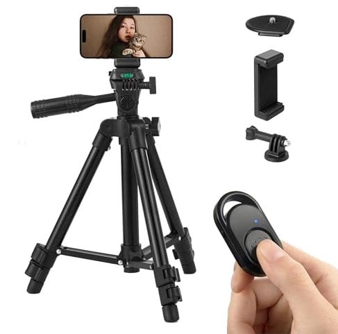 Polarduck Phone Tripod Stand Camera Mount: 65cm 26 inch Lightweight Travel Tripod for iPhone with Remote & Phone Holder & GoPro Adapter Compatible with iPhone & Android Cell Phone | Matte Black