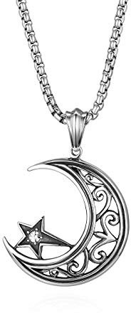 JewelryWe Herren Halskette, Retro Hohle Blumenmuster Mondsichel Mond Stern Edelstahl Strass Anhänger mit 22 Zoll Kette, Silber