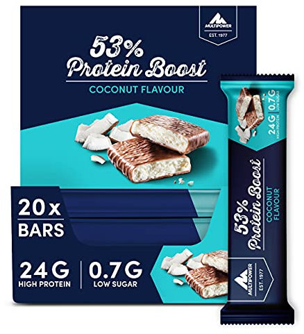 Multipower 53% Protein Boost – 20 x 45 g Protein Riegel Coconut mit 53% hochwertigem Protein – 24 g Eiweiß und 1,4 g Zucker je Eiweißriegel