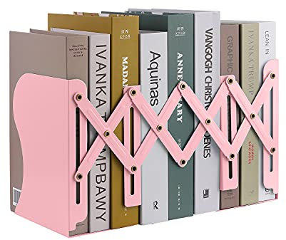 MSDADA Buchstützen Verstellbar Erweiterbar Metall Kinder Buchständer Zeitschriftenordner rutschfeste Bücherhalter Faltbares Bücherregal für Küche Büro Schule Bibliothek(Rosa)