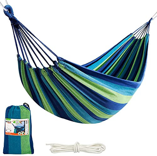Aktive 52989 - Hamaca colgante de algodón para camping y exterior | Hamaca jardín exterior | Medidas 200x100 cm| Hasta 200 kg de capacidad de carga | Con bolsa de transporte