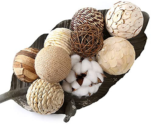 CIR OASES Multi-Material tri-Color Decorative Ball 9 Balls, Natural Rattan Weaving Ball, Cotton Ball, Used for vase Bowl Filling, Table Decoration (Natural)