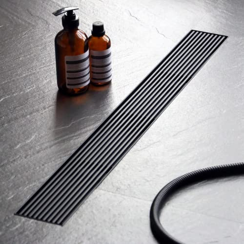 Sharpeye Drenaje lineal de ducha de 24 pulgadas con rejilla extraíble para el talón, drenaje rectangular de acero inoxidable 304, pies niveladores ajustables, filtro de pelo, certificado CUPC