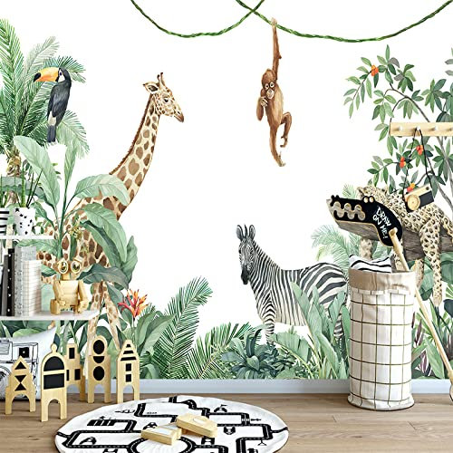 Aquarelle Jungle 3d dessin animé papier peint peintures murales pour enfant enfants chambre 3d Animal papier peint autocollant Art (350x256cm(LxH), A)
