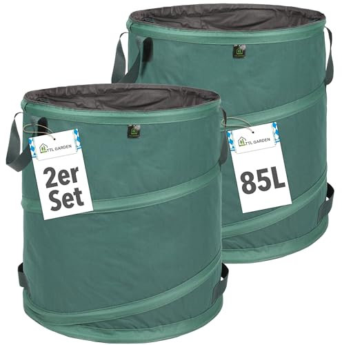 TTL Garden 2x 85L Premium Pop Up Gartensack - 220gsm 600D Oxford Gewebe selbstaufstellend extra robust & wasserfest - 2er Set 85 Liter – Gartenabfallsack Laubsack Sack für Gartenschnitt faltbar