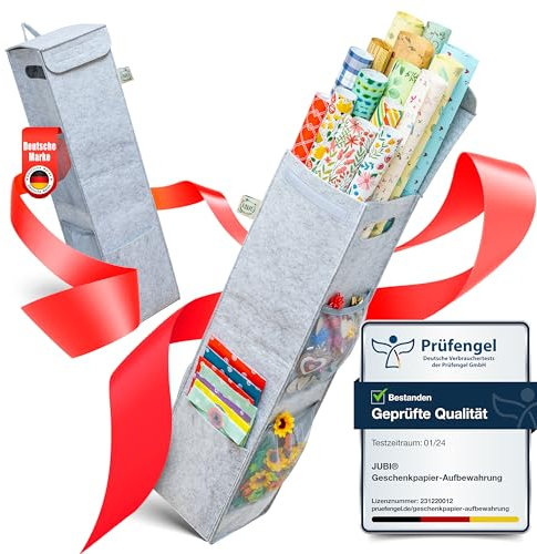 Jubi® Geschenkpapier Aufbewahrung aus 100% recycled Filz für 15 Papierrollen I ÖkoTexI – stabiler Geschenkpapier Organizer | moderne Aufbewahrungstasche (grau)