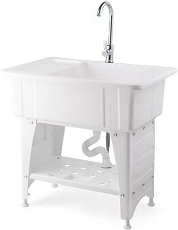 VINGLI 20-Gallon Utility Sink Laundry Tub for Washing Room, Freestanding Utility Sink with Stainless Steel Faucet, 22.4D x 32.3W x 49.6H(Faucet included), White