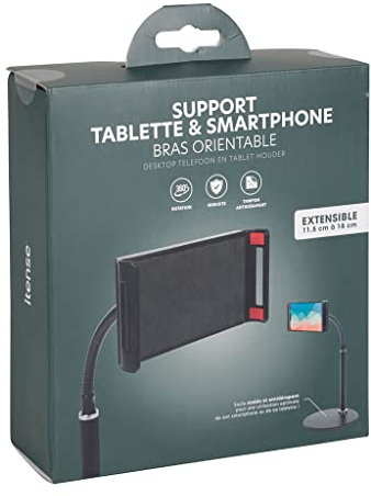itense - Telefon- und Tablet-Halterung – für Büro, Küche, Wohnzimmer – 360 ° drehbar – rutschfeste Unterlage – ausziehbar von 11,5 bis 18 cm – mit schwenkbarem Arm – robust – Lieferung ohne Tablet