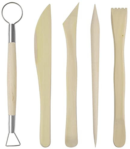 Becanno Herramientas de Arcilla, 5Pcs Herramientas de Escultura de Arcilla, Set Cuchillo de Trinchar con Mango de Madera, Kit Herramientas para Modelar Cerámica Tallado Principiantes