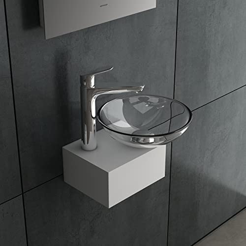 Alpenberger Kleines Aufsatzwaschbecken mit Edelstahlkasten | Miniwaschbecken Schale Rund 38 cm | Aufsetzbare Waschbecken Schüssel aus Klarglas | Glaswaschschale für Bad & Gäste WC