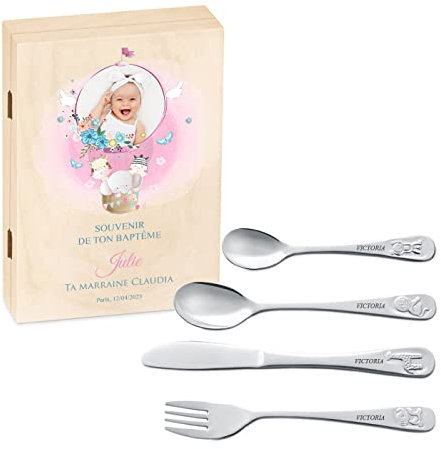 Maverton Set de Couverts de table dans boîte en bois imprimée - Thème Animal - Cadeau personnalisé - Cadeau bapteme fille - Cadeaux bébé - Coutellerie gravée - Cadeau Noel - Photo 1