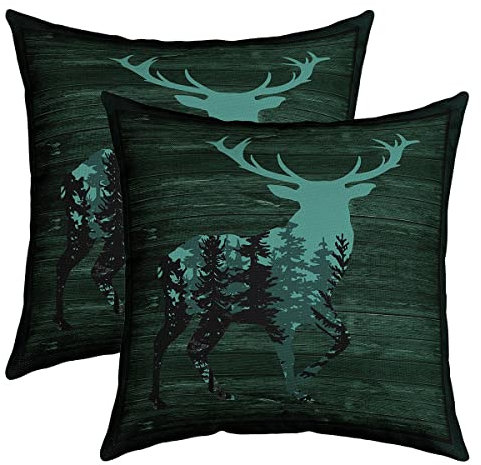 Rustikale Hirsch Kissenbezüge 45x45cm 2er Set Kissenbezüge Weich Kinder Bauernhaus Hirsch Jagd Dekorative Sofakissen Couchkissen Geweih Kissenbezug Kissenhülle Western Bauernhaus Grün Dekokissens