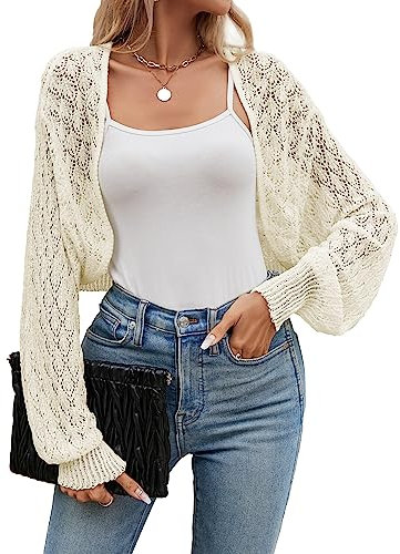 Famulily Ladies Casual Open Front Crop Cardigans Soft Hollow Out Loose Summer Sunproof Tops Cardigans Cover Ups (L, Beige)
