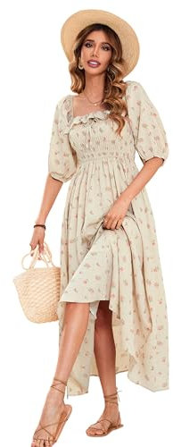 R.Vivimos Women's Square Neck Floral Slim Fit Half Sleeve Dresses Cottagecore Long Midi Dress(Small,Beige#1-Floral)