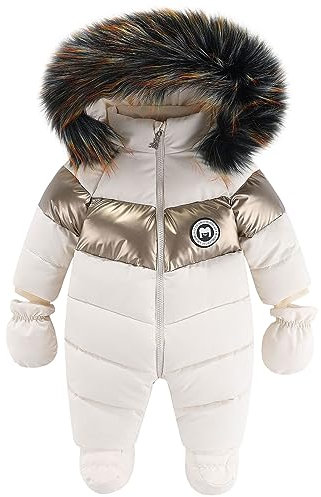 L SERVER Combinaisons de Neige Bébé Fille Polaire Epais Vêtements de Ski Garçon Chauds Coupe-vent Combinaison Pilote à Col Fourrure Capuche Jumpsuit avec Gants, Blanc, 12-18 mois