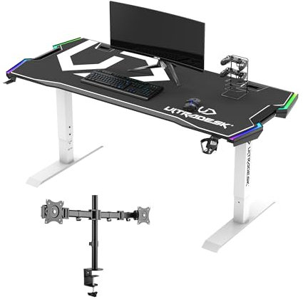 ULTRADESK Computertisch Force + Skeleton Double Monitorarm - Komplette Set für Gamer - Gaming Tisch mit Höhenverstellung, XXL-Mauspad, Stahlgestell - Computerständer für bis 27-Zoll-Monitore - Weiß