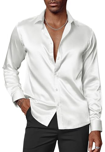 PJ PAUL JONES Mens Shirts Long Sleeve Satin Sequin Dress Shirt with Bow Tie | Shirts for Men Adult Silk Like Tuxedo Shirts Luxury Button Down Wedding Party Disco Prom Sequin Shirts