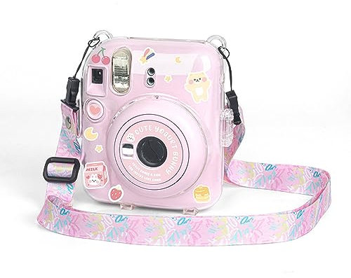 Pochette Transparente Portable Compatible avec Accessoires D'appareil Photo Instantané Instax Mini 12, avec Sangle Réglable Mignonne et Mini Album Photo et Kit de Décoration Autocollant