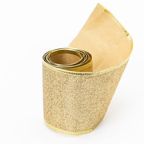 Christmas Ribbon Cake Decorations Crafts Gift Wrapping with Wire Along The Top & Bottom 1 Yard Length (Gold Glitter)