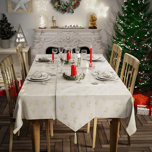 Emma Barclay Reindeer 10 Piece Christmas Table Set in Cream (60x84 Table Cloth, 13x90 Table Runner and 8 Napkins