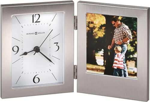 Howard Miller Bay II Tabletop, Decorative Desk and Shelf Clock with Photo Frame, Battery Operated Silent Non-Ticking Glass Crystal Clock for Modern Home Decor, Aluminum Finishing