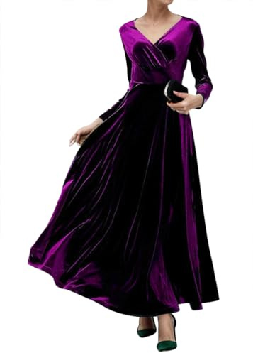 Onsoyours Vestito da Sera Donna Elegante Abito in Velluto Caldo Manica Lunga Scollo A V Vita Alta Maxi Abiti Cocktail Clubwear Gonna A Dondolo A Viola L