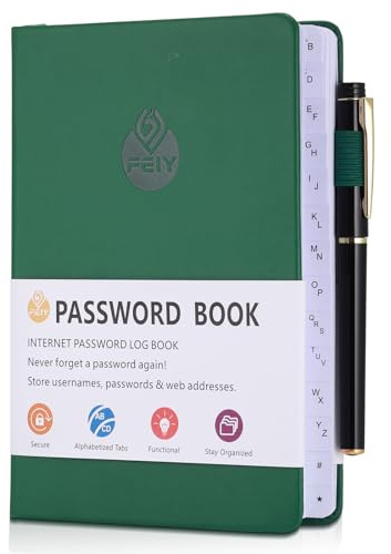 JIANTA Passwortbuch, Passwortbuch mit Register A-Z und Gelstifte, Organizer für Websites, Benutzernamen und Passwörtern, Platz für 480 Passwörter mit Stiftschlaufe, Gummiband, Innentasche (Dunkelgrün)