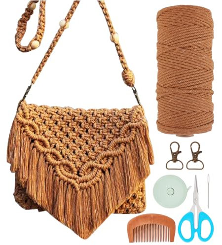 INFUNLY DIY Makramee-Taschen-Set Für Erwachsene Und Anfänger Mit Video Und Anleitung Makramee Handgefertigte Gewebte Taschen Mit Quasten Bohemian-Knoten-Handtasche Makramee-Set Häkeltaschen-Set Für Fr