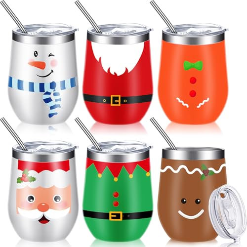 Ziliny 6 Pieces Christmas Stainless Steel Wine Tumbler 12 oz Insulated Wine Tumbler Funny Tumbler with Lid, Straw and Brush Insulated Wine Cups for Holiday Xmas Wedding Party Gifts (Vintage Style)
