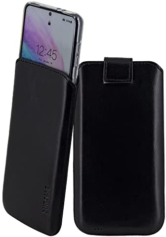 Suncase ECHT Ledertasche Leder Etui kompatibel mit iPhone 16 Pro Max (6,9 Zoll) (passend nur mit dickere Bumper/Silikon Case : innen Maße - 170 x 82 x 15 mm) in schwarz